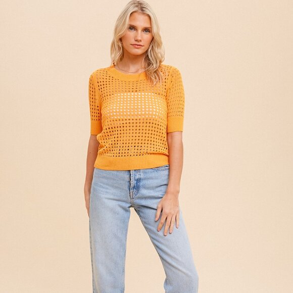 HEM & THREAD Honey Punch Golden Marigold Open-Knit Short Sleeve Sweater Top - Picture 4 of 5